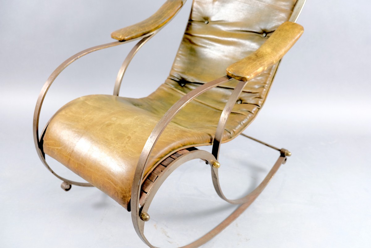 Antique Leather and Metal Rocking Chair by Peter, Cooper for R.W. Winfried